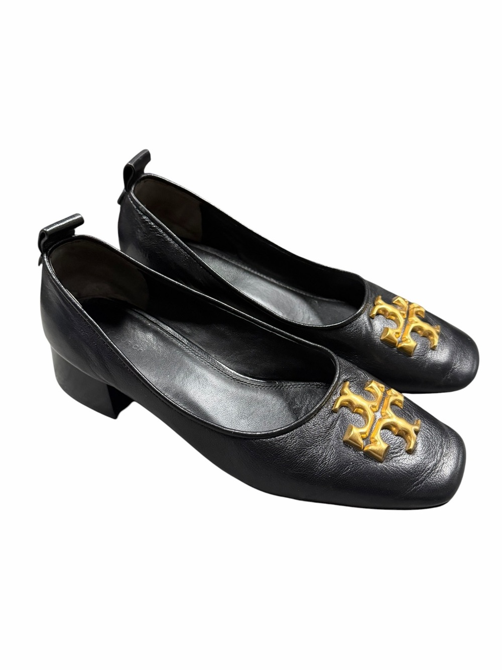 Tory Burch Eleanor Pump Black Leather Gold Logo Block Heel Shoes Size 10